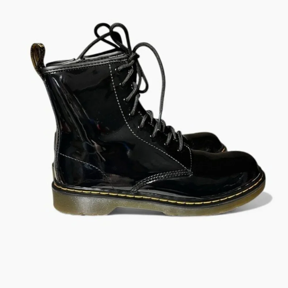 🌻NEW Dr. Martens 1460 Youth Patent Leather Lace-Up Boots Yellow Stitch Boots